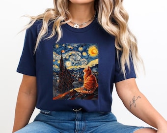 Van Gogh Inspired Starry Night Cat Shirt,Van Gogh Cat T-Shirt,Whimsical Van Gogh Cat Shirt, Gift For Cat Lover,Cat Lover Gift, Cat Mom Shirt