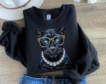 Glam Panther Sweatshirt, Preppy Women's Panther Shirt, Bling Boujee Shirt,Panther Lover Gift,Preppy Panther Tee, Trendy Luxury Animal Outfit