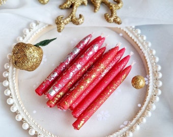 Scarlet & Red Beeswax Birthday Candles with Golden and Silver Foil Finish - Luxurious Handmade Cake Decorations