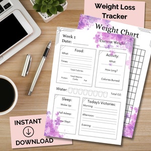 May include: Printable weight loss tracker chart with a watercolor floral design in shades of purple. The chart includes sections for tracking food, activity, water intake, sleep, and daily victories.