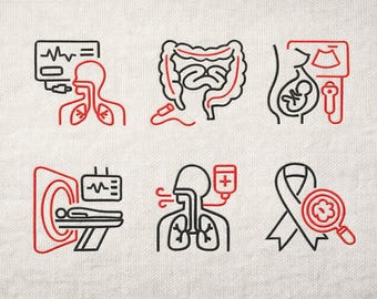 Health Screening Embroidery Design, Medical Diagnostics Icons, Preventive Care Embroidery File