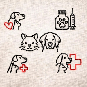 Puede incluir: Diseños bordados con temática de mascotas sobre un fondo blanco. Los diseños incluyen un perro y un gato con un corazón, una botella con una huella de pata, una jeringa, una cara de gato, una cara de perro, un perro y un gato con una cruz roja.