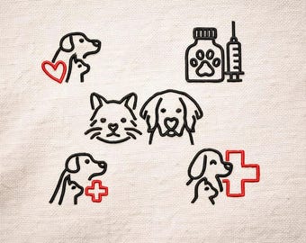 May include: Embroidered pet-themed designs on a white background. The designs include a dog and cat with a heart, a bottle with a paw print, a syringe, a cat face, a dog face, a dog and cat with a red cross, and a dog and cat with a red cross.