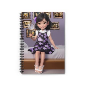 May include: Spiral-bound notebook featuring a cartoon illustration of a girl in a purple floral dress holding a magnifying glass. The girl is sitting on a bed in front of framed butterfly art. The notebook has a white cover.