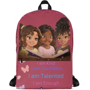 Pink Backpack with Laptop Compartment and Pockets - Cute African American Girl Design, Pastel Butterflies and Motivational Affirmations