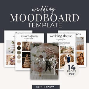 May include: A 14-page wedding mood board template featuring images of cakes, flowers, and decor. The template is designed to be edited in Canva and includes a colour scheme inspiration page and a wedding theme inspiration page. The text "Wedding Mood Board" is featured on the cover.