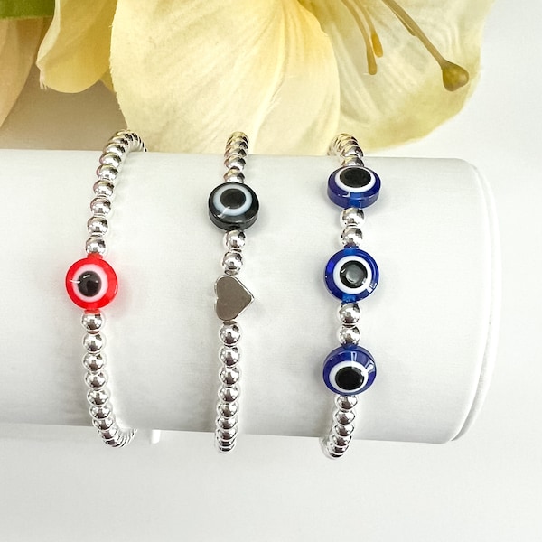 4mm Silver Beaded Bracelet, Evil Eye Beaded Bracelet, Long Lasting Tarnish Resistant Silver Stretch Bracelet,  Evil Eye Custom Bracelet