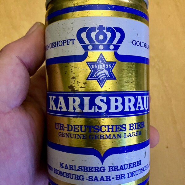 Rare & Vintage Full and  Unopened 1976 Karlsbrau/Karlsberg Brauerei, Feingold-Pils Top Germany  Steel Beer Can, Collectible, Man Cave.