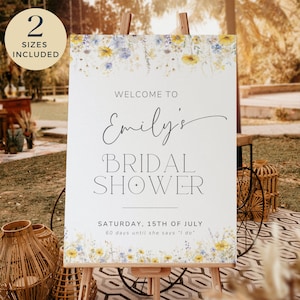 Letrero de bienvenida para despedida de soltera con FLORES SILVESTRES AMARILLAS y AZULES, letrero de recepción con flores, póster minimalista editable, elegante brunch nupcial