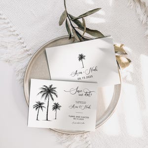 Tarjeta para guardar la fecha con palmeras / Elegante plantilla editable de Canva / Invitación moderna para anunciar una boda hecha a mano / Descarga instantánea tropical