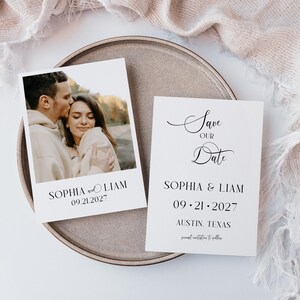Tarjeta minimalista de doble cara con superposición de fotos para guardar la fecha / Plantilla elegante de Canva / Invitación moderna para anunciar una boda hecha a mano / Sencilla
