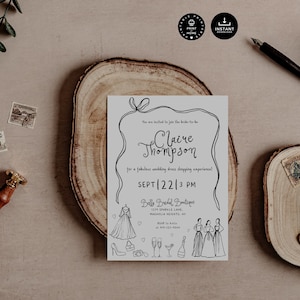Grillig I Said Yes tegen de JURK Jurk uitnodiging vrijgezellenfeest, zwarte strik en golvende rand afdrukbare sjabloon, handgetekende illustraties, funky