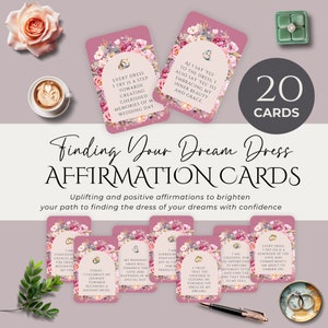 Baraja de CARTAS DE AFIRMACIONES positivas para novias, afirmaciones imprimibles para comprar vestidos de novia, DESCARGA INMEDIATA, plantilla editable, color rosa