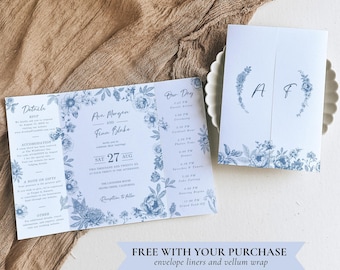 French Blue Gatefold Wedding Invitation Canva, Trifold Invite Monogram Crest, Tri Fold Chinoiserie Template, Toile de Jouy Dusty Blue Border