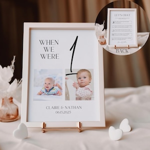 Als wir eine Tischnummer Schild mit Fotos | Bearbeitbares & druckbares Schild für Hochzeit | Doppelseitig mit Gesprächsstarter für Gäste