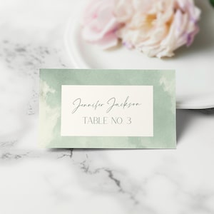 Tarjetas de lugar para mesa SAGE para boda / Acuarela verde moderna abstracta / Letrero con nombre para mesas (PDF) / Etiqueta para asientos de invitados (Canva)