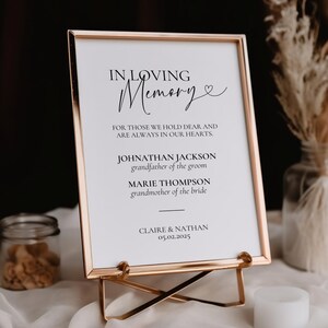 Plantilla de letrero de boda In Loving Memory Canva / Letrero de mesa de homenaje conmemorativo moderno / Tarjeta elegante digital / Decoración Forever In Our Hearts