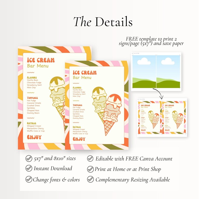 Ice Cream Bar Menu Template, Wedding Shower Table Sign | Green Orange ...