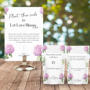 Pacote de sementes de casamento de hortênsias ROSA SUAVE Placa de lembrança e etiquetas | Pacotes florais | Cartão de lembrança de casamento | Recepção de jardim faça você mesmo | Modelo Canva