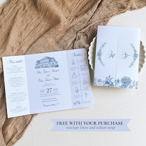 Invitación de boda desplegable azul francés de Canva, invitación tríptico con iconos, plantilla chinoiserie, sobre de vitela azul polvoriento de Toile de Jouy