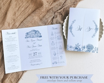 VENUE French Blue Gatefold Wedding Invitation Canva, Trifold Invite with Icons, Chinoiserie Template, Toile de Jouy Dusty Blue Vellum Jacket