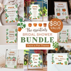 May include: A bridal shower bundle with a "Paint a Pot" theme. The bundle includes invitations, signage for stations like snacks and drinks, table cards, and a favor station sign. The design features potted plants and terracotta pots.