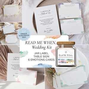 Versículos bíblicos imprimibles "Léame cuando", frasco de sentimientos codificado por colores para armar uno mismo, letrero para la mesa de boda, kit de libro de visitas cristiano, lavados de acuarela editables