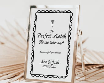 The PERFECT MATCH Favors Sign | Wedding Matchbox Template Canva | Modern Minimal Table Signage with Match Box Fire | Black Bow and Border