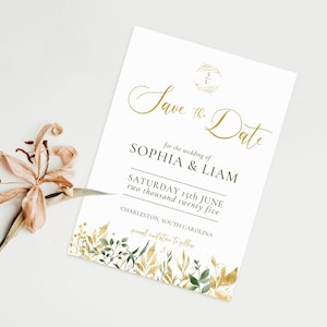 Tarjeta de invitación con follaje dorado y monograma de iniciales superpuesto / Plantilla digital de Canva / Invitación moderna de anuncio DIY