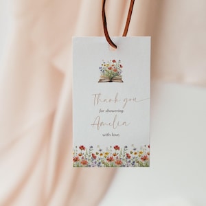 Etichetta di ringraziamento stampabile con l'inizio di un nuovo capitolo / Tema del libro aperto del libro di fiabe / Fiore di campo primaverile acquerellato / Etichetta regalo per bomboniere personalizzabile