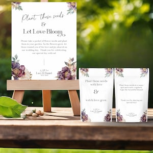 Letrero y etiquetas de recuerdo de boda con semillas de flores doradas y moradas / Paquetes de semillas florales / Tarjeta de recuerdo de boda / Plantilla de recepción de jardín DIY