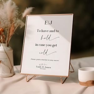 Plantilla editable de letrero de manta para bodas / Personalizable / Tarjeta de boda imprimible acogedora / Letrero de mesa con manta para despedida de soltera / Descarga instantánea