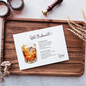 Old Fashioned Recipe Card | Watercolor Whisky Glass Cocktail Orange Slices Drink | Editable Printable Canva Template Pdf | INSTANT DOWNLOAD