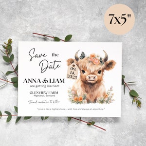 Salve a data com etiqueta de vaca, modelo de cartão de casamento floral elegante, convite para impressão Vaca bebê das Terras Altas com coroa de flores, DOWNLOAD INSTANTÂNEO