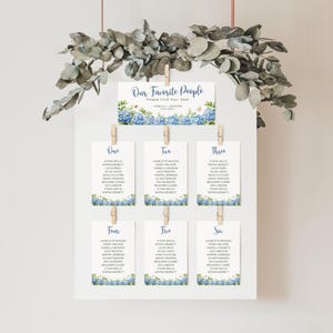 May include: A wedding seating chart with the text "Our Favorite People" and guest names. The cards are decorated with blue hydrangea flowers and held by wooden clothespins. Eucalyptus branches are at the top.