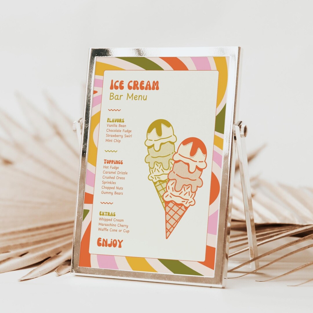 Ice Cream Bar Menu Template, Wedding Shower Table Sign | Green Orange ...
