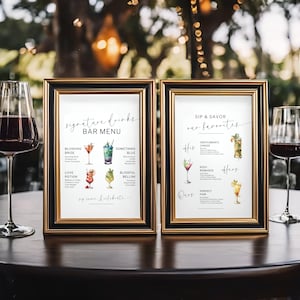 Enseigne de menu double face | Boissons exclusives et boissons préférées | Soirée pizza la veille du mariage | Enseigne de bar à cocktails | Sirotez et savourez