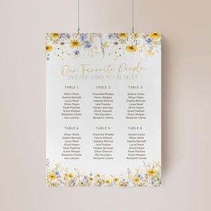 Puede incluir: Un plano de asientos de boda con detalles florales. El texto "Our Favorite People, Please Find Your Seat" está en escritura dorada. El plano enumera los nombres debajo de los números de mesa del 1 al 6, con un diseño floral de acuarela en la parte superior e inferior.