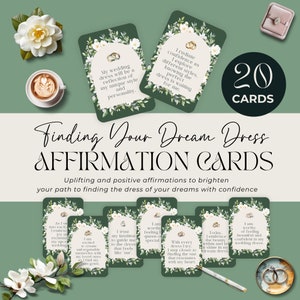 Baraja de CARTAS DE AFIRMACIONES positivas para novias, afirmaciones imprimibles para comprar vestidos de novia, DESCARGA INMEDIATA, plantilla editable, color blanco