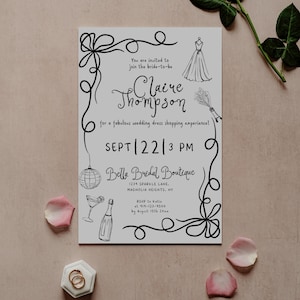 Dije sí al vestido de novia caprichoso, invitación para despedida de soltera, plantilla imprimible con borde garabateado en negro, ilustraciones dibujadas a mano, divertidas