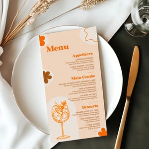 APEROL SPRITZ Menu de chá de panela italiano | Mediterrâneo moderno retrô | Cartão elegante minimalista Citrus Orange Modelo editável Canva