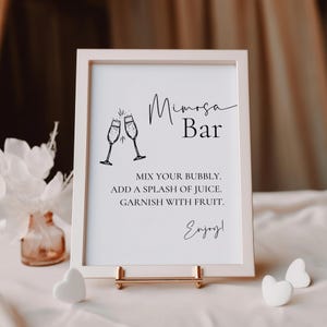 Cartello da bar Mimosa stampabile / Modello Canva / Cartello da bar moderno e minimalista con bollicine / Scheda digitale per il brunch con bicchieri da champagne / Per feste