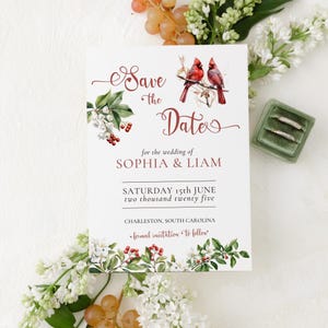 Tarjeta de reserva de fecha con cardenales rojos / Plantilla editable de Canva con pájaros enamorados en una rama / Invitación de boda digital moderna y DIY