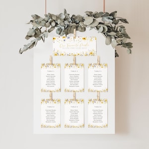 4x6 Yellow and Blue Flower Seating Card Chart Template | Printable Guest Name Seat Plan Assignment | 5x7 Bridal Shower Watercolor Wildflower