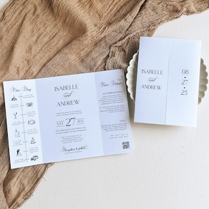 May include: A white wedding invitation with black text. The invitation includes the names "Isabelle and Andrew" and the date "Sat 27 Aug". The invitation also includes a timeline of the wedding day.