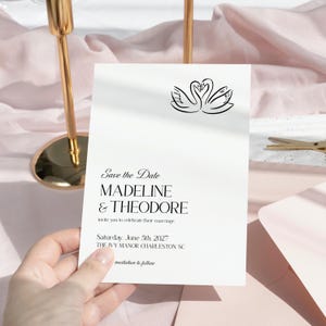 Bröllops-Save the Date SWAN | Minimalistiskt klassiskt kort med gamla pengar | Elegant Canvas-mall | Modern DIY-inbjudan för par, SVG