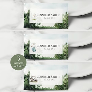 May include: Three printable place cards featuring a watercolour forest backdrop and golf-themed illustrations. The text on the cards reads "Jennifer Smith, Table One".