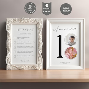 Quand nous n'étions qu'un seul numéro de table avec photos | Décorations modifiables et imprimables pour mariage | Double face avec amorce de conversation pour les invités