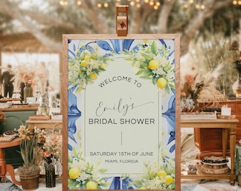 Mediterranean ITALIAN bridal shower welcome sign, reception signage with lemons and blue tile, Italy Positano theme poster, Amalfi Coast
