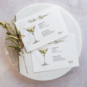 Ricetta per Vodka Martini 7x5 digitale / Cocktail con olive e bevanda grigia ad acquerello / Modello Canva modificabile e stampabile / DOWNLOAD IMMEDIATO